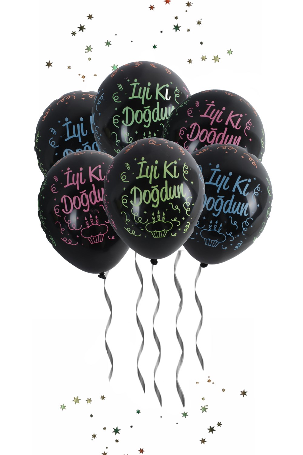 İyi Ki Doğdun Renkli Baskılı Siyah Lateks Balon 10lu