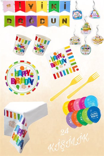 Renkli Happy Birthday Parti Konsepti 24 Kişilik