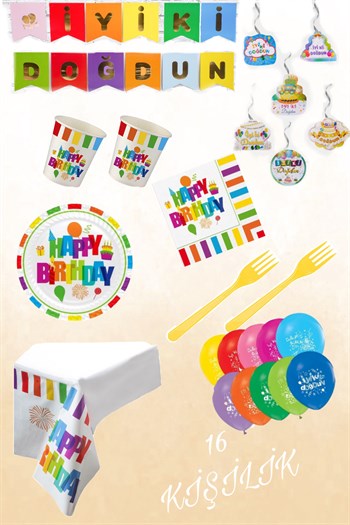 Renkli Happy Birthday Parti Konsepti 16 Kişilik