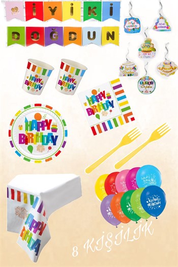 Renkli Happy Birthday Parti Konsepti 8 Kişilik